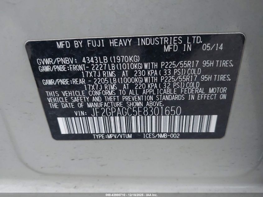 2014 Subaru Xv Crosstrek 2.0I Limited VIN: JF2GPAGC5E8301650 Lot: 43980710