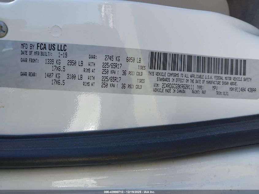 2019 Dodge Grand Caravan Sxt VIN: 2C4RDGCG9KR620111 Lot: 43980713