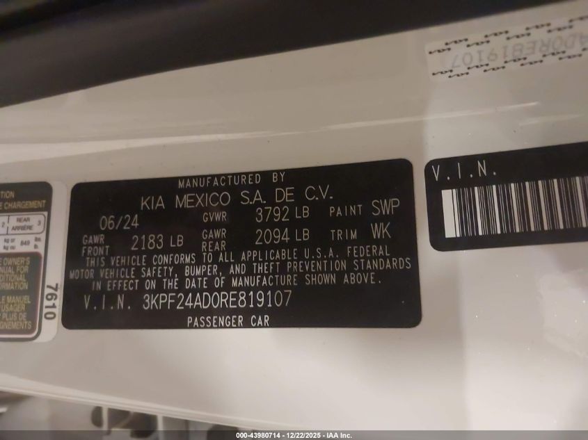 2024 Kia Forte Lxs VIN: 3KPF24AD0RE819107 Lot: 43980714