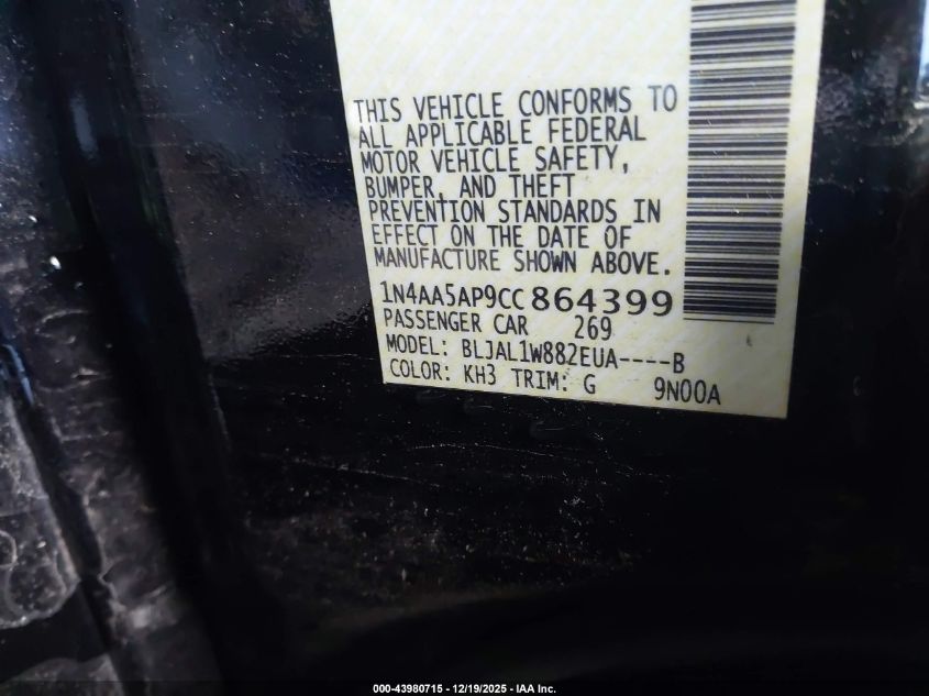 2012 Nissan Maxima 3.5 Sv VIN: 1N4AA5AP9CC864399 Lot: 43980715