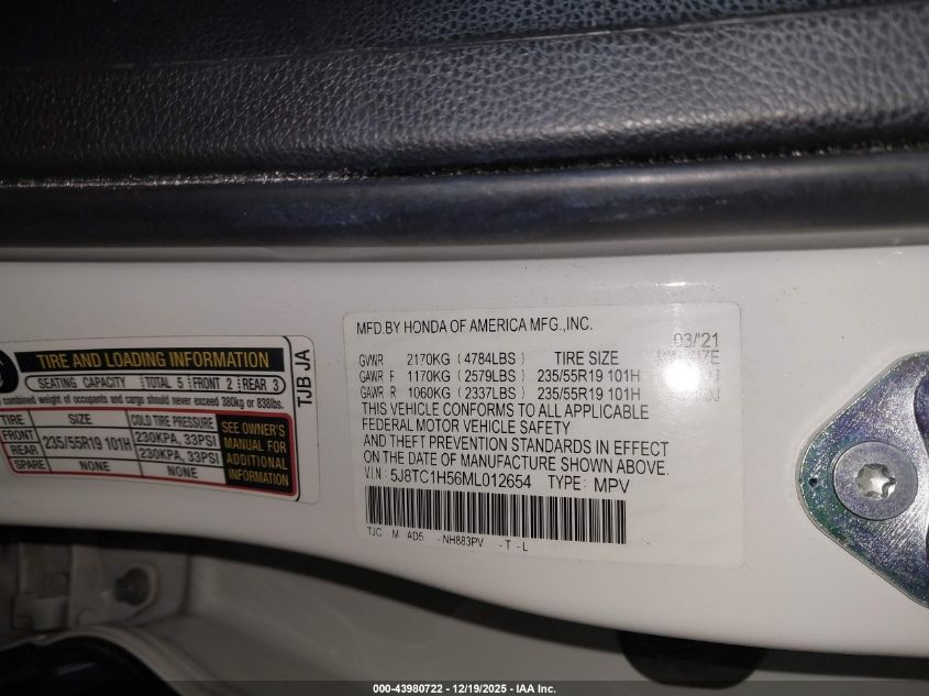 2021 Acura Rdx Technology Package VIN: 5J8TC1H56ML012654 Lot: 43980722