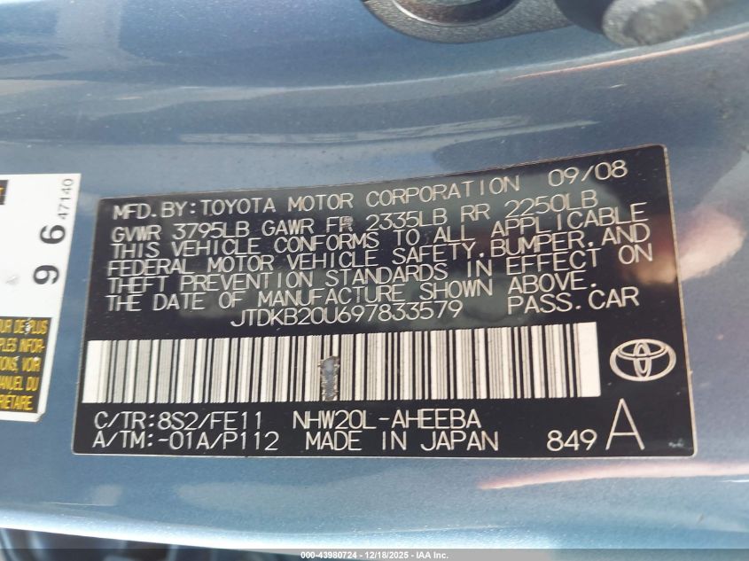 2009 Toyota Prius Touring VIN: JTDKB20U697833579 Lot: 43980724