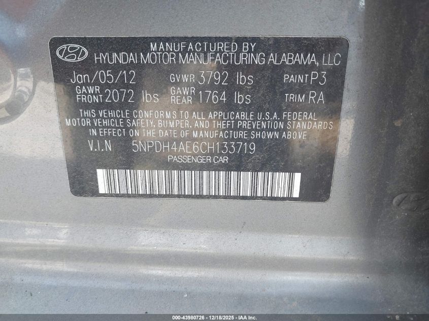 2012 Hyundai Elantra Gls VIN: 5NPDH4AE6CH133719 Lot: 43980726