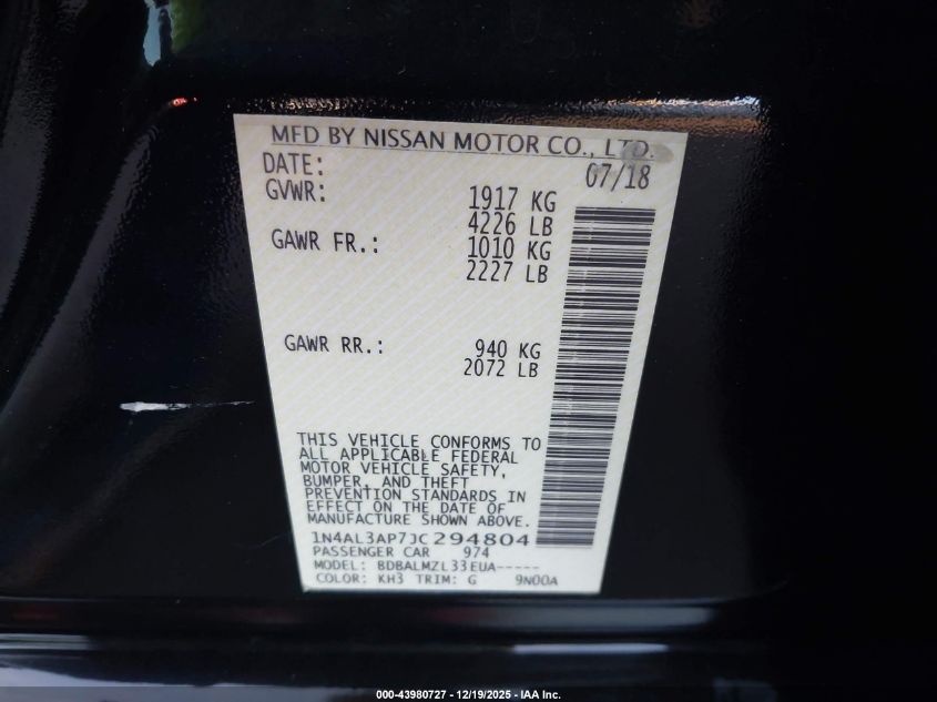 2018 Nissan Altima 2.5 Sv VIN: 1N4AL3AP7JC294804 Lot: 43980727