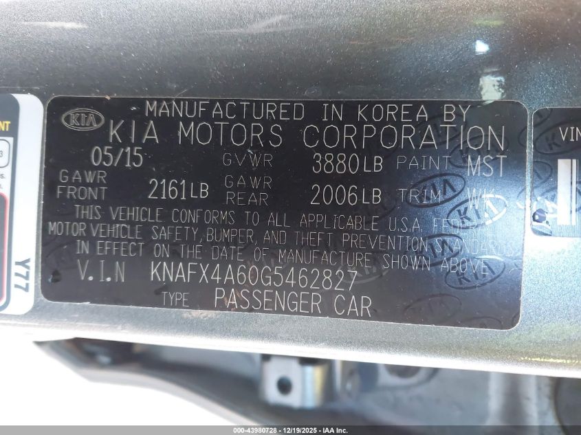 2016 Kia Forte Lx VIN: KNAFX4A60G5462827 Lot: 43980728