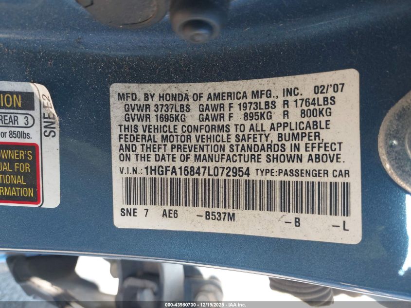 2007 Honda Civic Ex VIN: 1HGFA16847L072954 Lot: 43980730