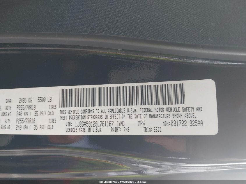 2009 Jeep Wrangler Unlimited Sahara VIN: 1J8GA59129L761167 Lot: 43980732