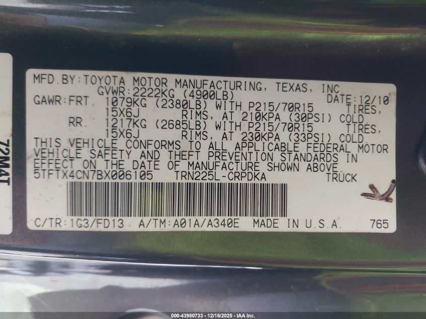 2011 Toyota Tacoma VIN: 5TFTX4CN7BX006105 Lot: 43980733