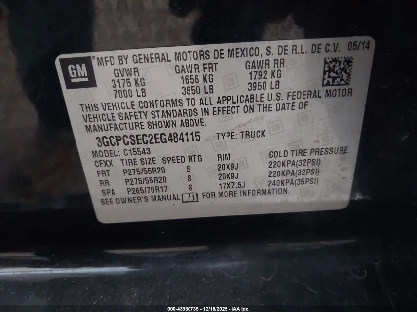 2014 Chevrolet Silverado 1500 1Lz VIN: 3GCPCSEC2EG484115 Lot: 43980735