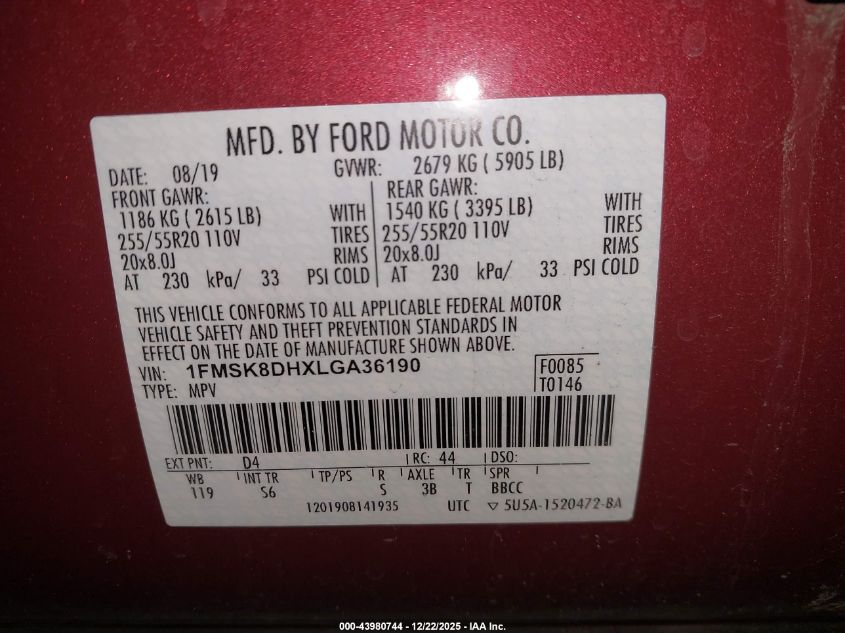 2020 Ford Explorer Xlt VIN: 1FMSK8DHXLGA36190 Lot: 43980744