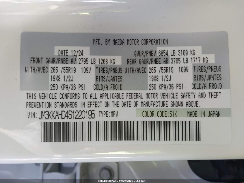 2025 Mazda Cx-90 3.3 Turbo Select Package VIN: JM3KKAHD4S1220195 Lot: 43980745