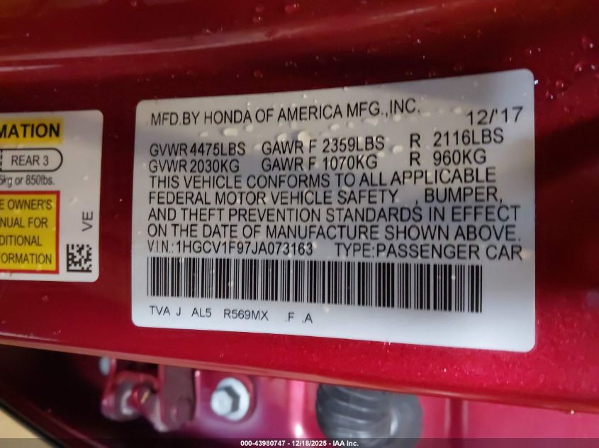 2018 Honda Accord Touring VIN: 1HGCV1F97JA073163 Lot: 43980747