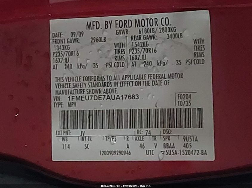 2010 Ford Explorer Xlt VIN: 1FMEU7DE7AUA17683 Lot: 43980748