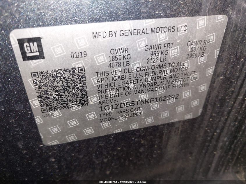 2019 Chevrolet Malibu Lt VIN: 1G1ZD5ST5KF162392 Lot: 43980751
