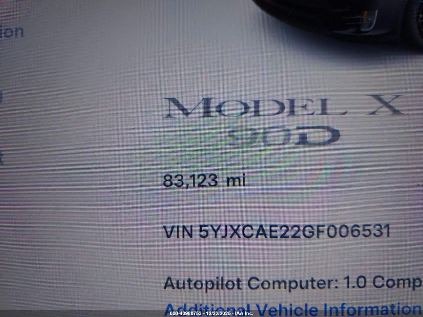 2016 Tesla Model X 60D/70D/75D/90D VIN: 5YJXCAE22GF006531 Lot: 43980753