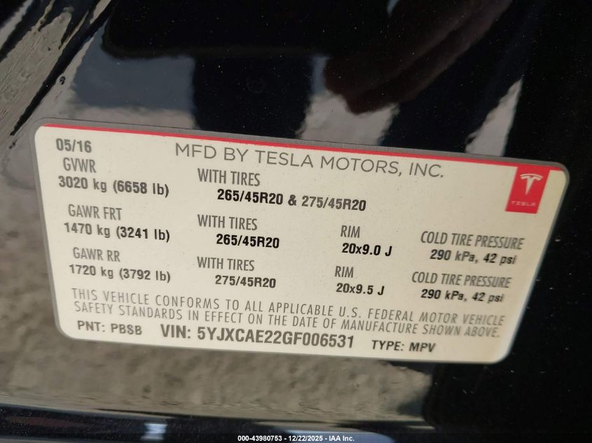 2016 Tesla Model X 60D/70D/75D/90D VIN: 5YJXCAE22GF006531 Lot: 43980753