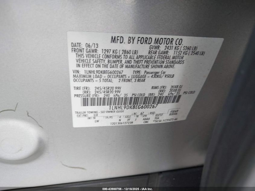 2014 Lincoln Mks VIN: 1LNHL9DK8EG600267 Lot: 43980756