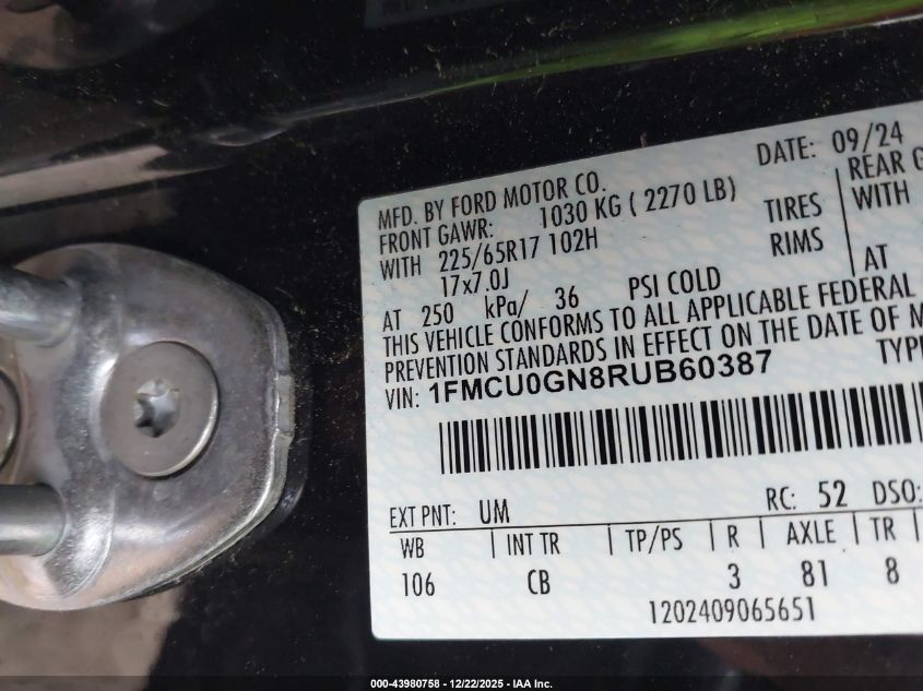 2024 Ford Escape Active VIN: 1FMCU0GN8RUB60387 Lot: 43980758