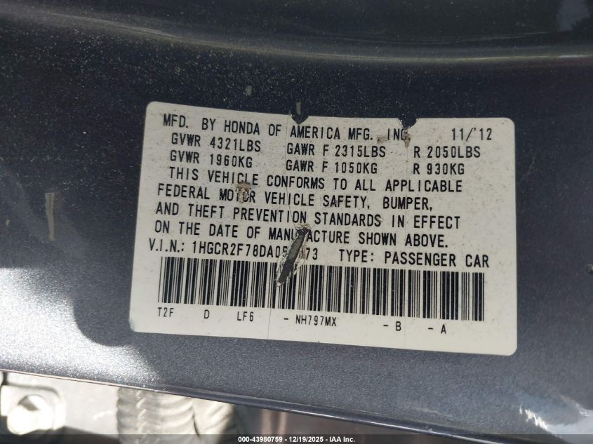 2013 Honda Accord Ex VIN: 1HGCR2F78DA055073 Lot: 43980759