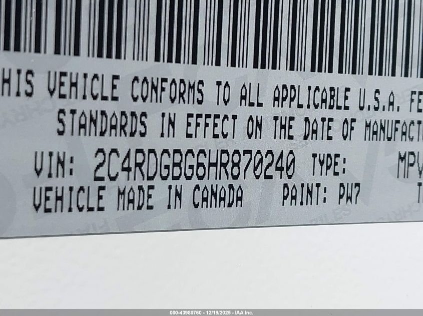 2017 Dodge Grand Caravan Se VIN: 2C4RDGBG6HR870240 Lot: 43980760