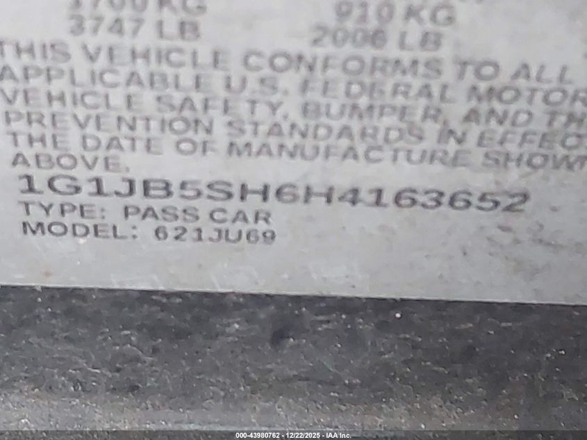 2017 Chevrolet Sonic Ls Auto VIN: 1G1JB5SH6H4163652 Lot: 43980762