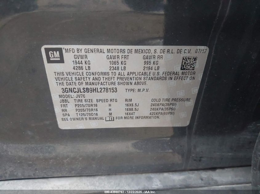 2017 Chevrolet Trax Lt VIN: 3GNCJLSB9HL278153 Lot: 43980763