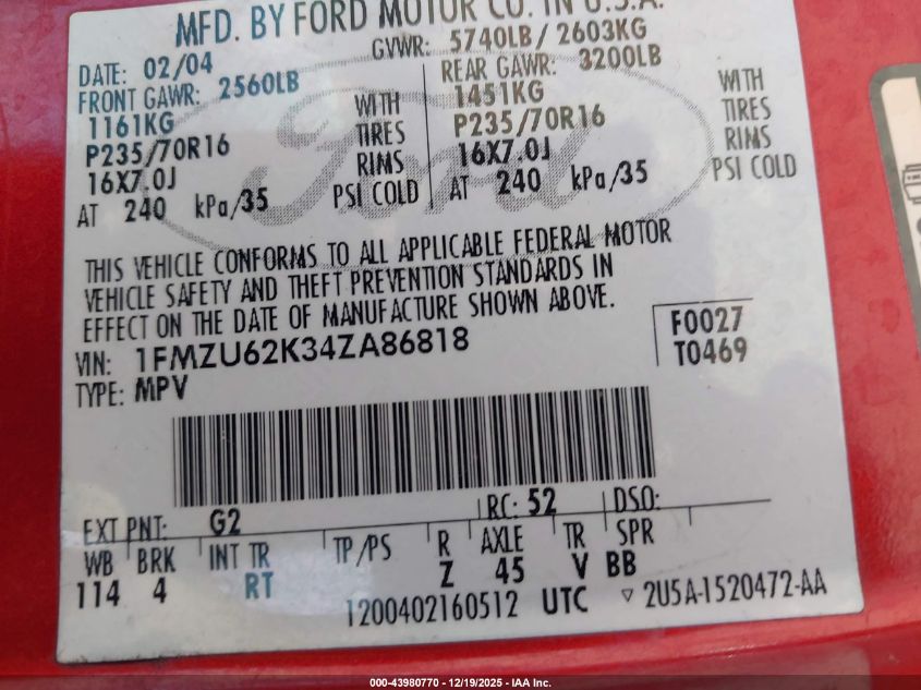 2004 Ford Explorer Xls VIN: 1FMZU62K34ZA86818 Lot: 43980770