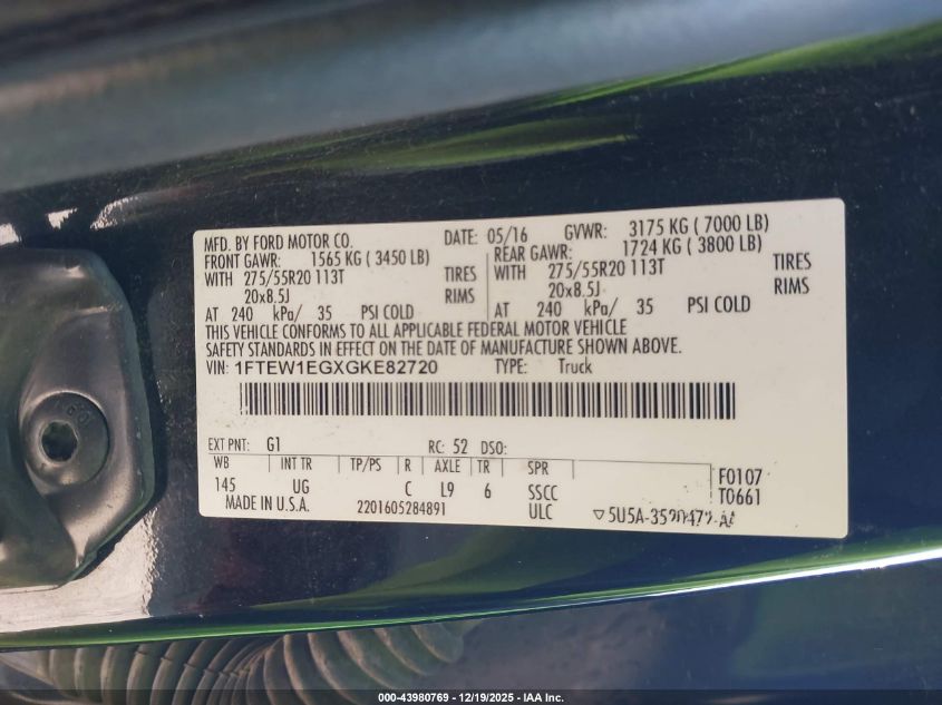 2016 Ford F-150 Xlt VIN: 1FTEW1EGXGKE82720 Lot: 43980769