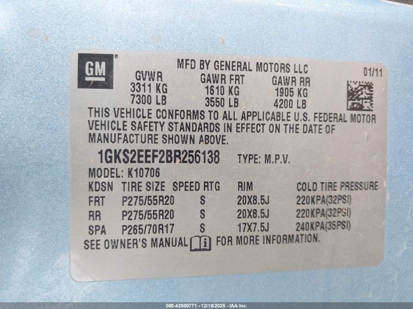 2011 GMC Yukon Denali VIN: 1GKS2EEF2BR256138 Lot: 43980771