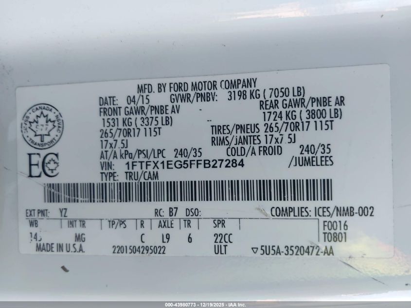 2015 Ford F-150 Xlt VIN: 1FTFX1EG5FFB27284 Lot: 43980773