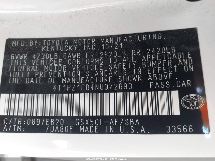 2022 Toyota Avalon Touring VIN: 4T1HZ1FB4NU072693 Lot: 43980776