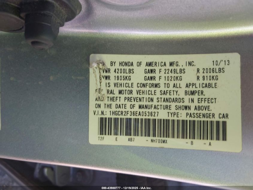 2014 Honda Accord Lx VIN: 1HGCR2F36EA053627 Lot: 43980777