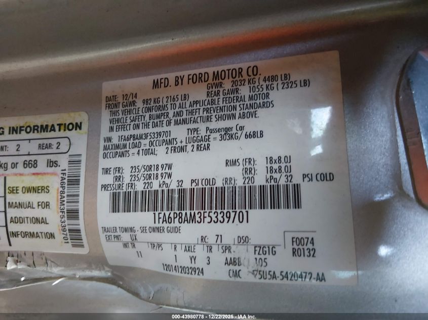 2015 Ford Mustang V6 VIN: 1FA6P8AM3F5339701 Lot: 43980778