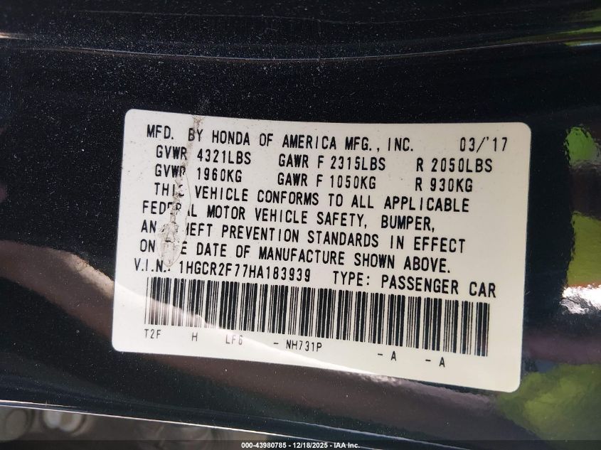 2017 Honda Accord Ex VIN: 1HGCR2F77HA183939 Lot: 43980785