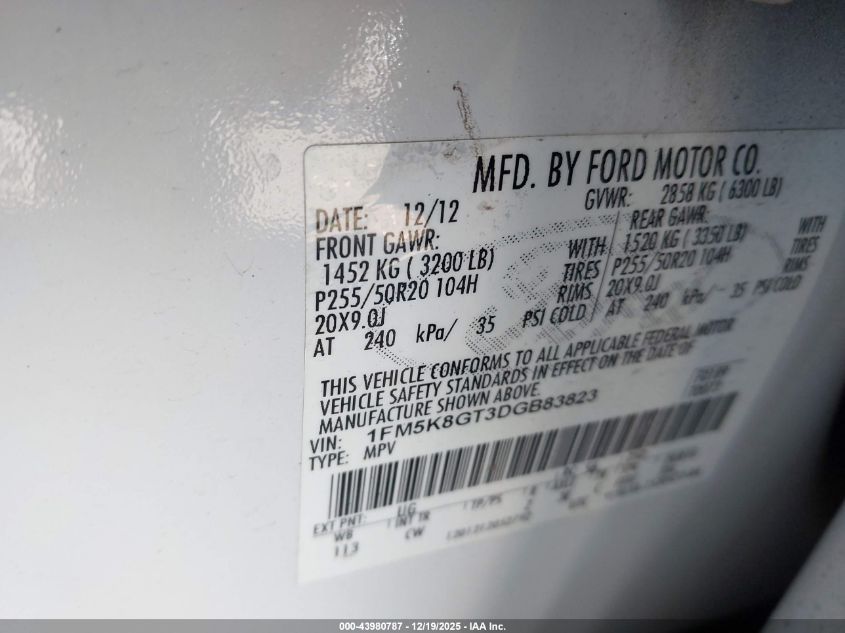 2013 Ford Explorer Sport VIN: 1FM5K8GT3DGB83823 Lot: 43980787