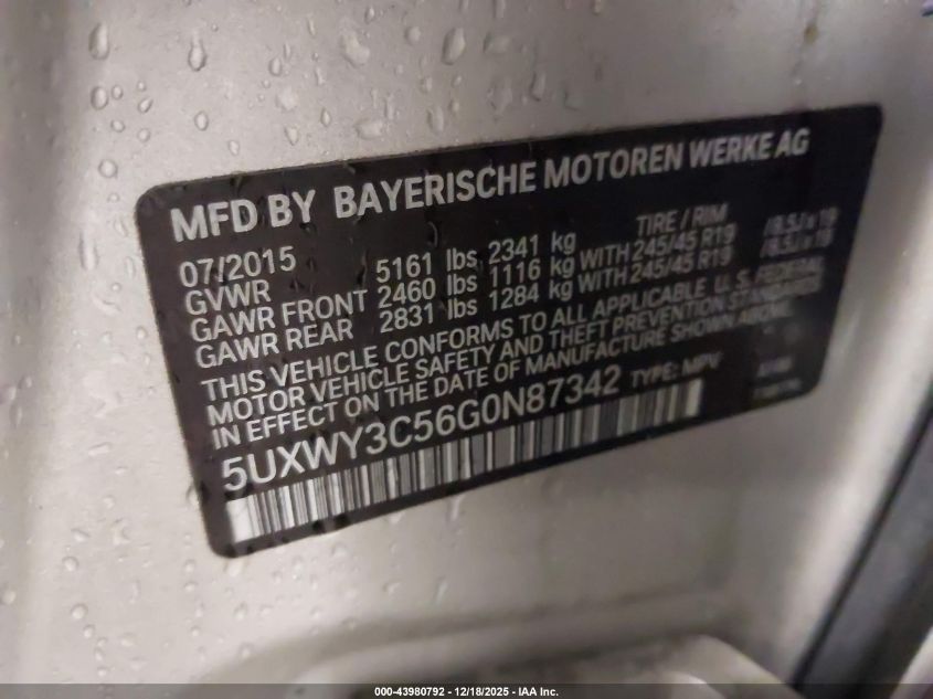 2016 BMW X3 xDrive28D VIN: 5UXWY3C56G0N87342 Lot: 43980792