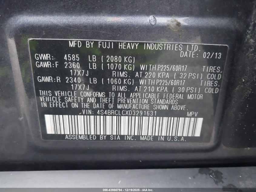 2013 Subaru Outback 2.5I Limited VIN: 4S4BRCLCXD3291631 Lot: 43980794