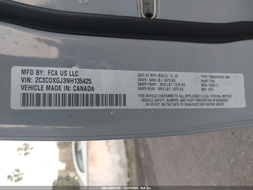 2022 Dodge Charger Scat Pack VIN: 2C3CDXGJ3NH135425 Lot: 43980795