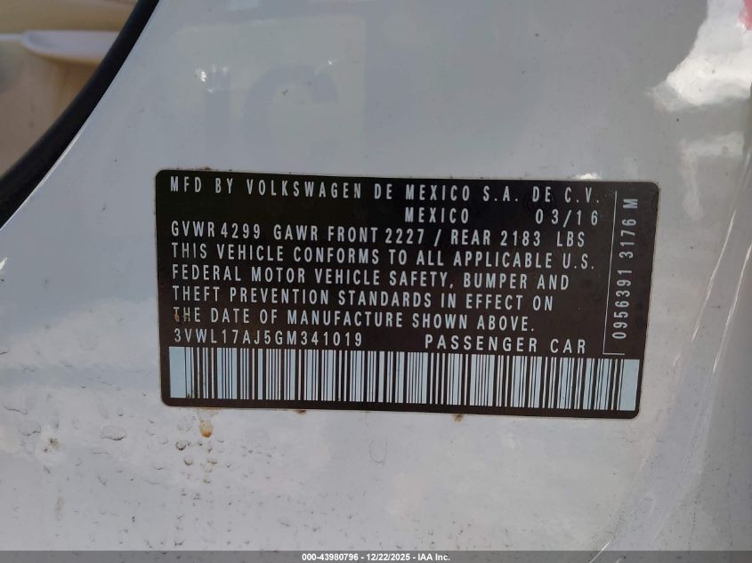 2016 Volkswagen Jetta 1.8T Sel VIN: 3VWL17AJ5GM341019 Lot: 43980796