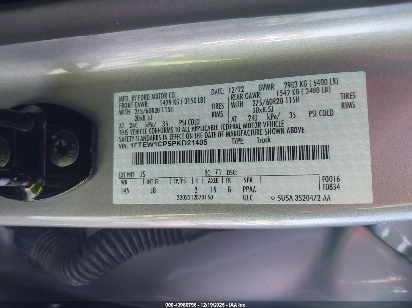 2023 Ford F-150 Xl VIN: 1FTEW1CP5PKD21405 Lot: 43980798