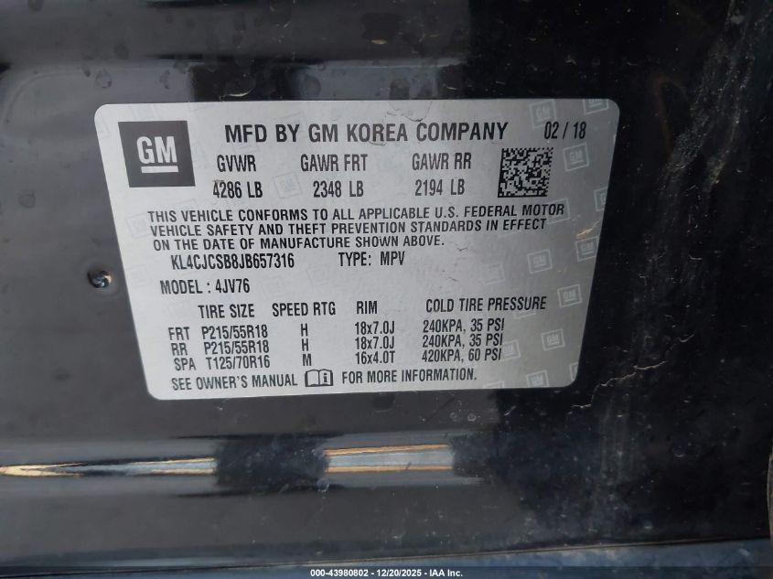 2018 Buick Encore Essence VIN: KL4CJCSB8JB657316 Lot: 43980802