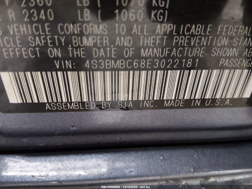 2014 Subaru Legacy 2.5I Premium VIN: 4S3BMBC68E3022181 Lot: 43980803