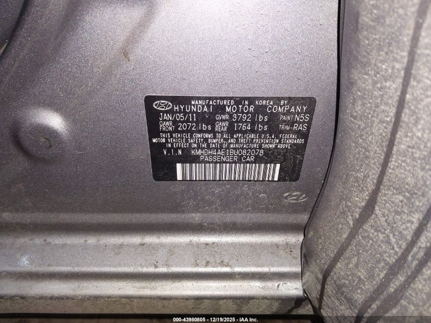 2011 Hyundai Elantra Limited (Ulsan Plant) VIN: KMHDH4AE1BU082078 Lot: 43980805