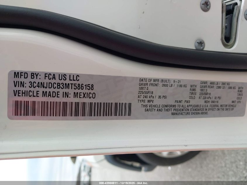 2021 Jeep Compass Limited 4X4 VIN: 3C4NJDCB3MT586158 Lot: 43980811