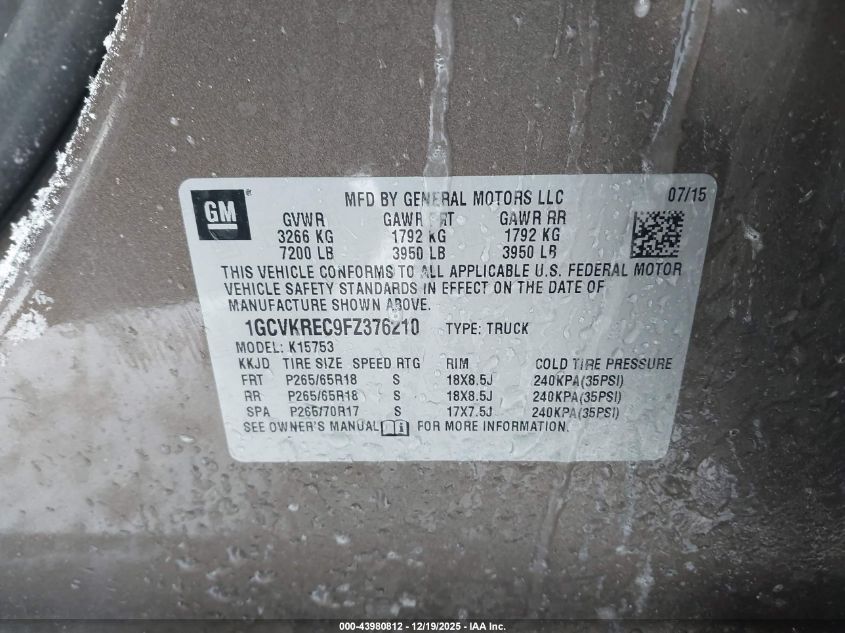 2015 Chevrolet Silverado 1500 1Lt VIN: 1GCVKREC9FZ376210 Lot: 43980812