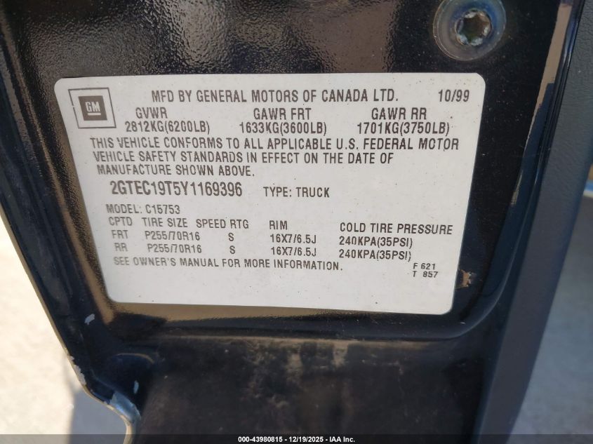 2000 GMC Sierra 1500 Sle VIN: 2GTEC19T5Y1169396 Lot: 43980815