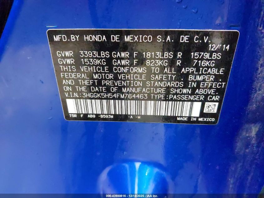 2015 Honda Fit Lx VIN: 3HGGK5H54FM764463 Lot: 43980816