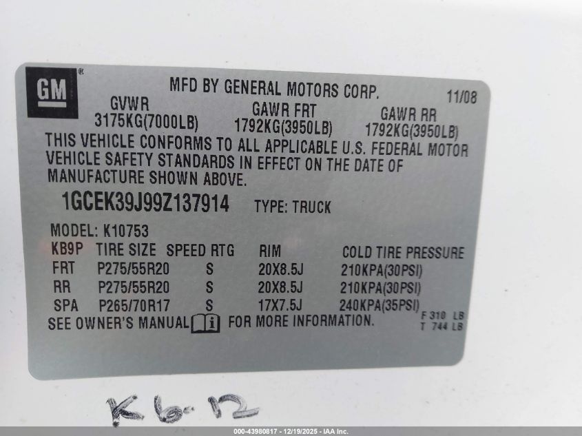 2009 Chevrolet Silverado 1500 Ltz VIN: 1GCEK39J99Z137914 Lot: 43980817