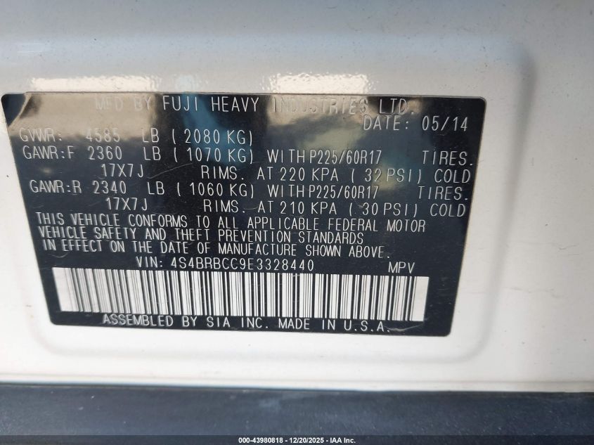 2014 Subaru Outback 2.5I Premium VIN: 4S4BRBCC9E3328440 Lot: 43980818