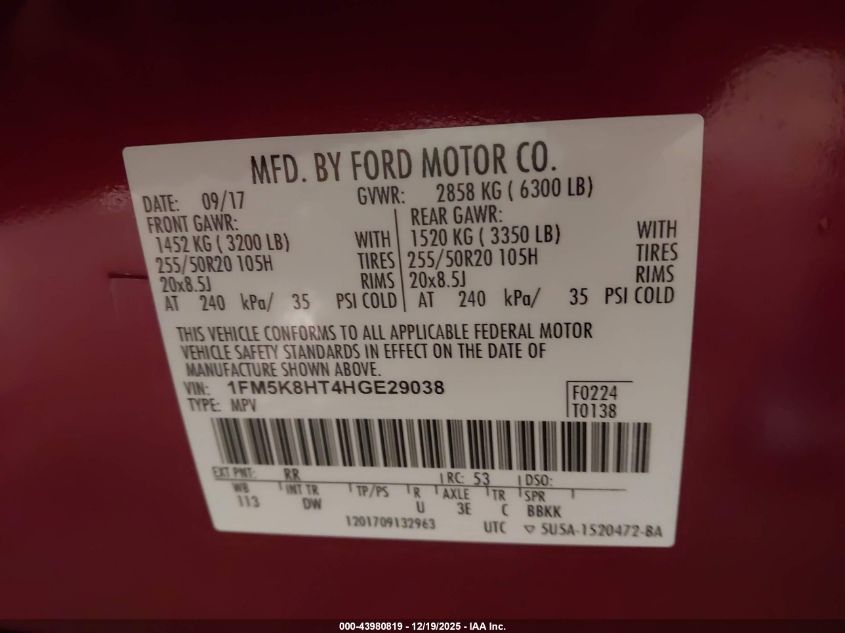 2017 Ford Explorer Platinum VIN: 1FM5K8HT4HGE29038 Lot: 43980819